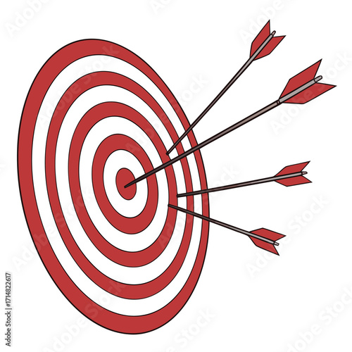Multiple arrows hitting the bullseye on a red and white striped target board representing success