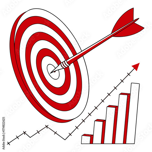 Red arrow hitting bullseye on target with rising bar graph and upward trend line