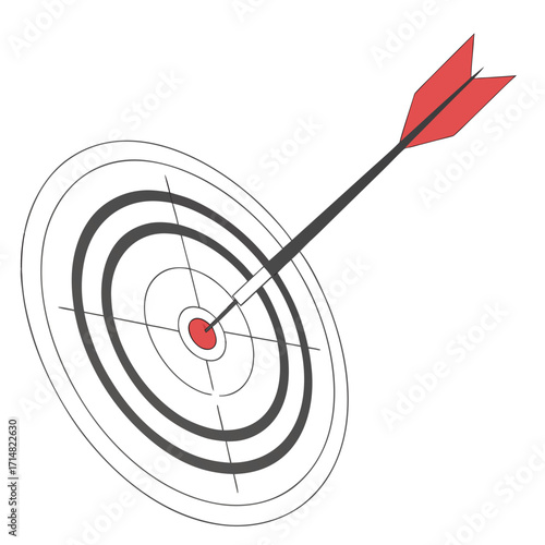 Red arrow hitting the bullseye center of a circular target with concentric rings and crosshairs