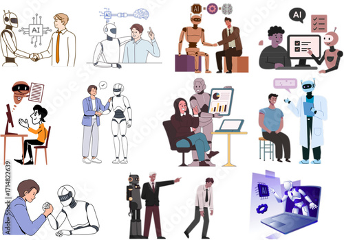 Illustrations depicting diverse human-robot interactions, including collaboration, business partnerships, medical assistance, competition, 