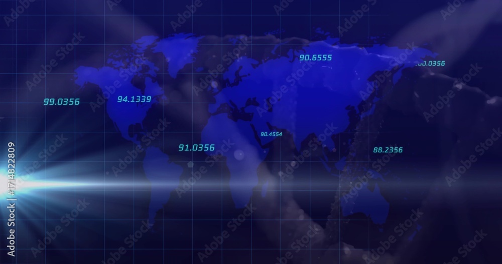 Fototapeta premium Blue digital world map floating on display, with grid, numeric labels, lens flare and bokeh circles