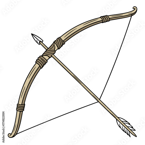 Traditional wooden bow and arrow illustration symbolizing hunting and ancient weaponry on a white background
