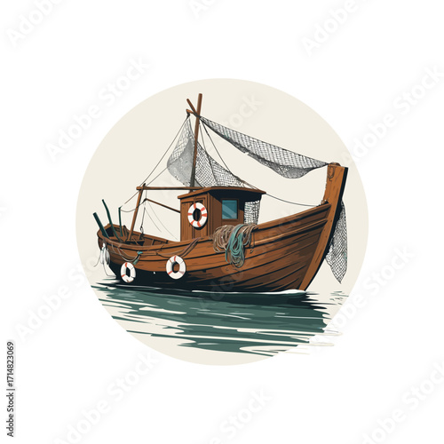 Vintage Wooden Fishing Boat Illustration with Nets
