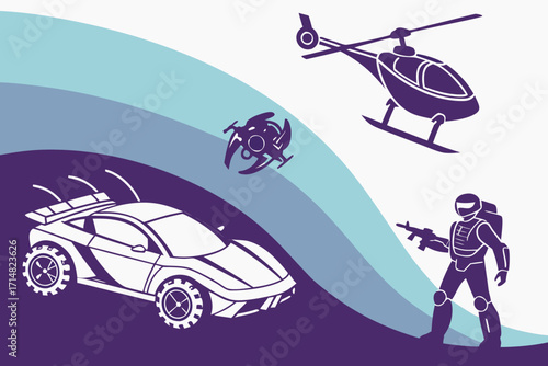 Futuristic vehicle silhouettes helicopter drone car and soldier with gun on abstract background vector 1