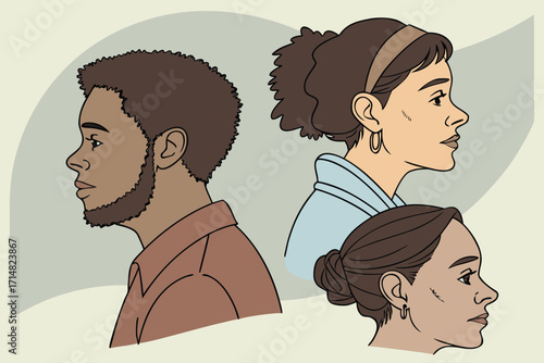 Three diverse people profiles in silhouette with muted background woman