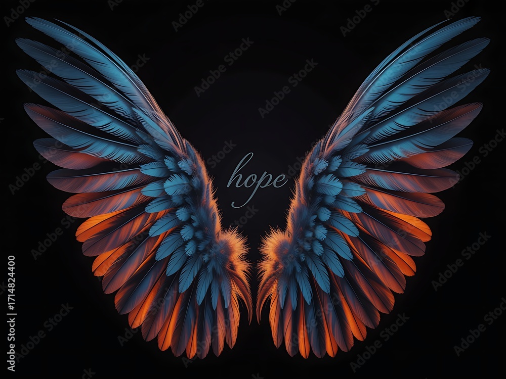 Obraz premium Vibrant angel wings with blue and orange feathers on black background