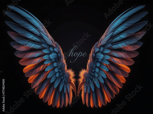 Vibrant angel wings with blue and orange feathers on black background