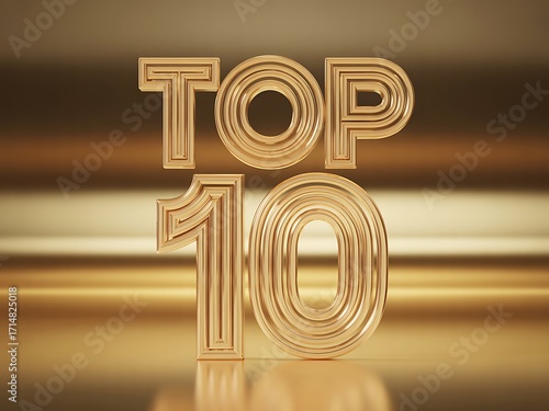 Golden top ten 3d text with metallic shine and blurred background