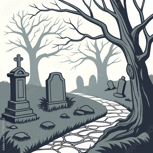 Haunted Graveyard Vintage Vector Art