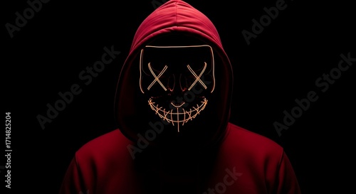 Person in Red Hoodie Wearing a Glowing Neon Purge Mask