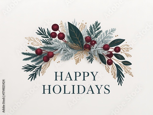 Festive holiday wreath with red berries and greenery on white background