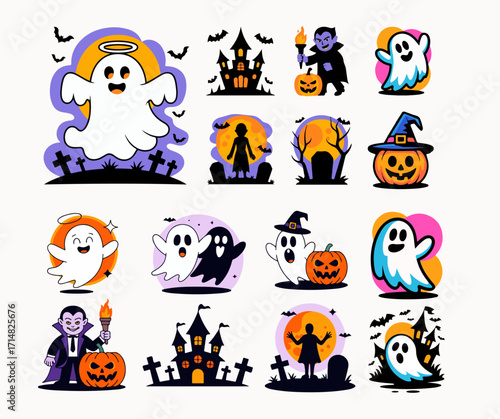 Halloween vector art: glowing ghost, witch-hat ghost with pumpkin, vampire with torch, fierce jack-o'-lantern, haunted castle, tombstones, bats, and orange moon in bold flat colors.