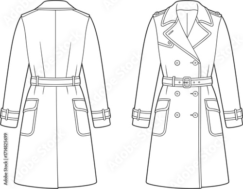 trench, coat, outerwear, fashion, clothing, apparel, garment, jacket, double, breasted, lapel, collar, belt, buckle, pocket, sleeve, stylish, classic, front, back, illustration