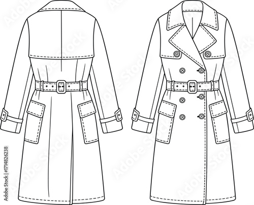 trench, coat, outerwear, fashion, clothing, apparel, garment, jacket, double, breasted, lapel, collar, belt, buckle, pocket, sleeve, stylish, classic, front, back, illustration