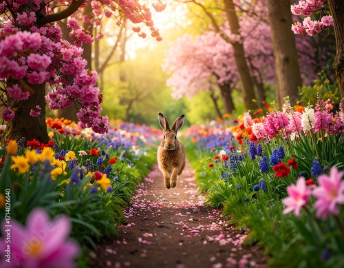Rabbit running through a vibrant flower-filled path in a spring forest