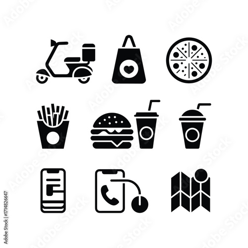 Food delivery icons scooter pizza burger fries drinks map phone app set