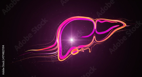 Glowing Neon Liver: Abstract, futuristic illustration of a healthy human liver with vibrant energy lines. Modern medical and scientific concept on a dark background.