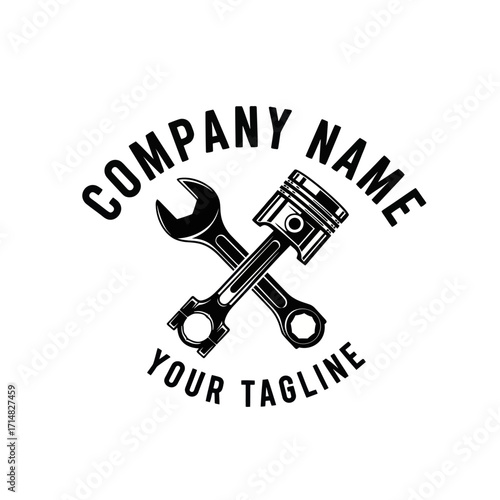 Vintage automotive logo template featuring a crossed wrench and piston with placeholder text for company name and tagline.