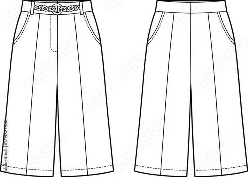 trousers, wide, leg, womenswear, fashion, clothing, apparel, garment, belt, pocket, pleat, seam, stylish, classic, front, back, vector, design, sketch, illustration