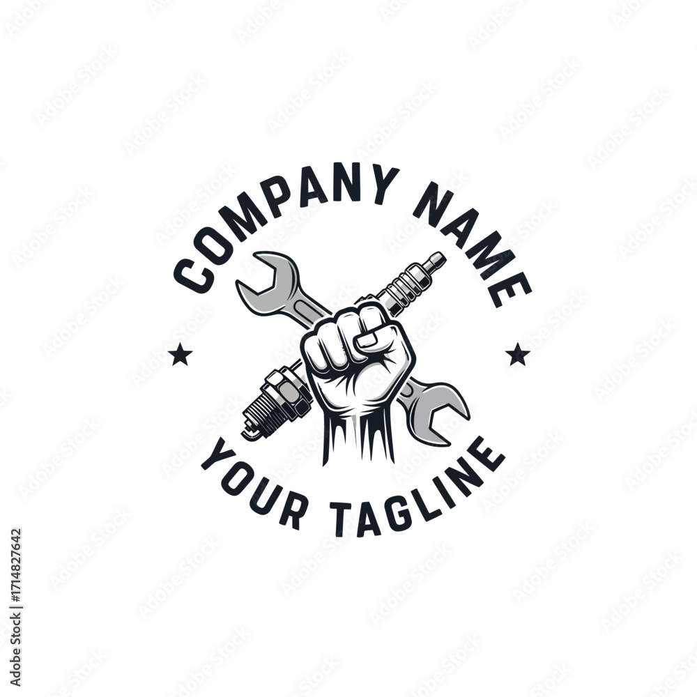 Fototapeta premium A monochrome logo design featuring a strong fist clutching a crossed wrench and spark plug, encircled by text and stars, symbolizing automotive repair and service.