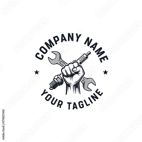 A monochrome logo design featuring a strong fist clutching a crossed wrench and spark plug, encircled by text and stars, symbolizing automotive repair and service.