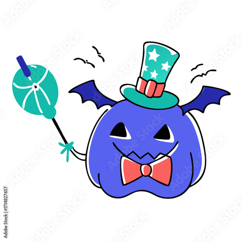 A pumpkin dressed as Uncle Sam, holding a sparkler shaped like a bat, with a comically oversized bowtie slipping off.