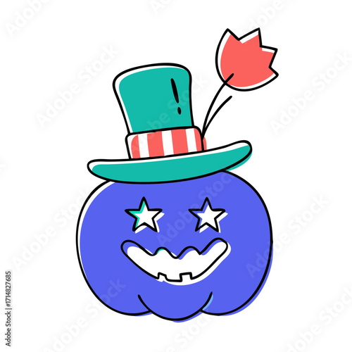 A grinning jack-o'-lantern wearing a star-spangled top hat, with tiny USA flag toothpicks stuck in its "teeth" for a goofy smile.