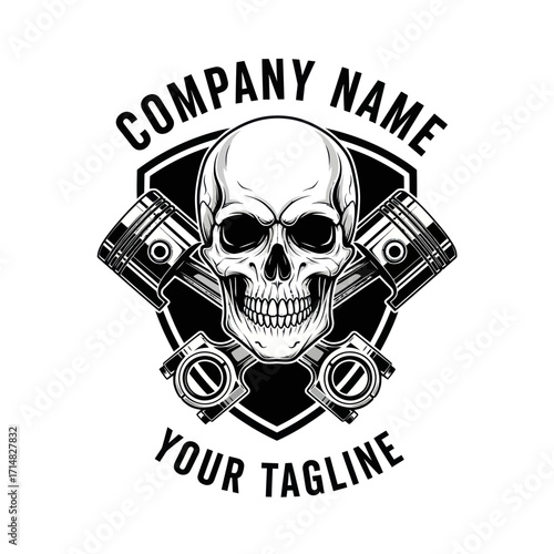 Monochrome vintage skull and crossed pistons logo design, ideal for automotive, mechanic, or biker club branding.