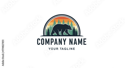 Vintage logo featuring a bear silhouette in a forest landscape.