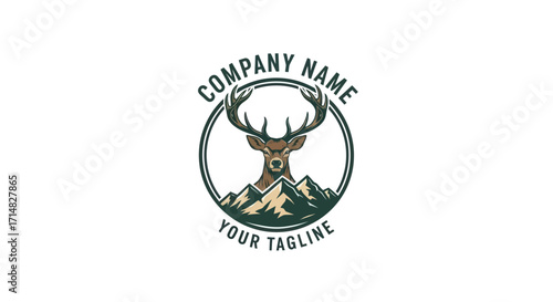 A rustic circular logo featuring a majestic deer head with large antlers in front of a mountain range, ideal for an outdoor company.