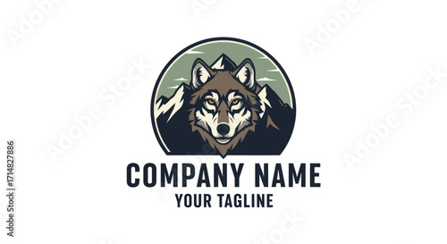 A detailed logo featuring a wolf's face set against a mountain backdrop within a circular frame.