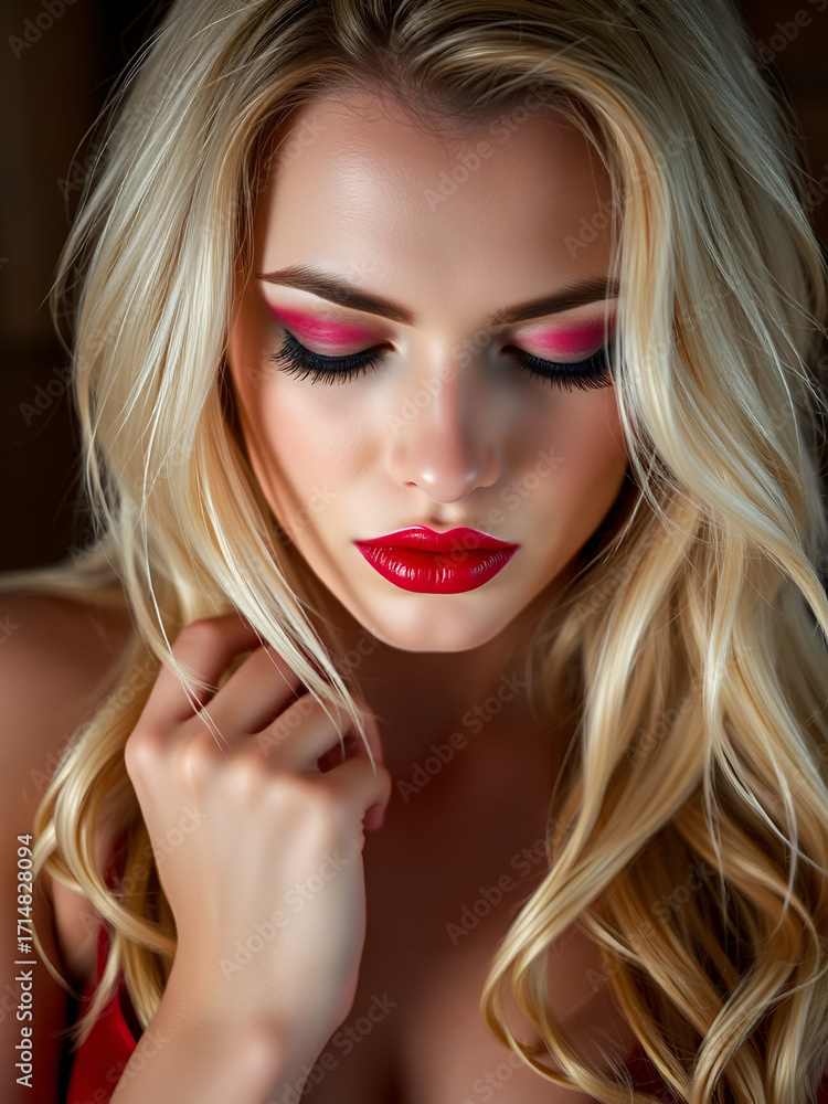 Fototapeta premium Sexy dominant blonde woman in red with whip eyes closed