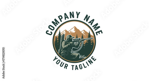 Hunter aiming rifle in forest with mountains logo design.