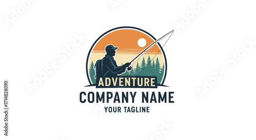Logo design featuring a fisherman in a scenic outdoor setting.