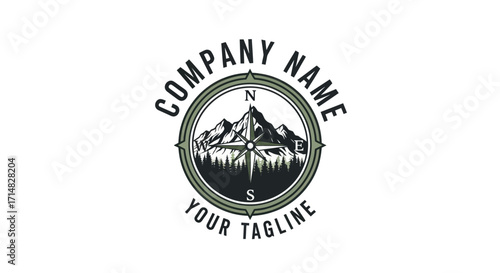 Vintage circular logo featuring mountains, pine trees, and a compass rose with text placeholders for company name and tagline.