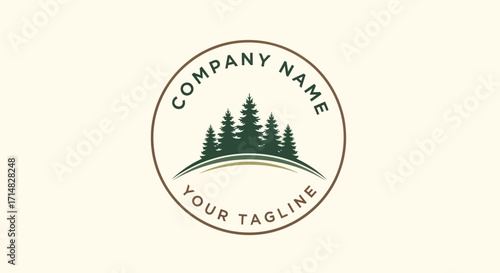 Forest themed logo design with a circle shape, featuring stylized evergreen trees, and a tagline area.