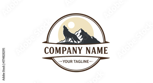 Vintage logo of howling wolf on mountain peak.