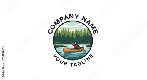 A circular logo featuring a canoeist paddling on a lake surrounded by a dense forest and mountains under a cloudy sky.