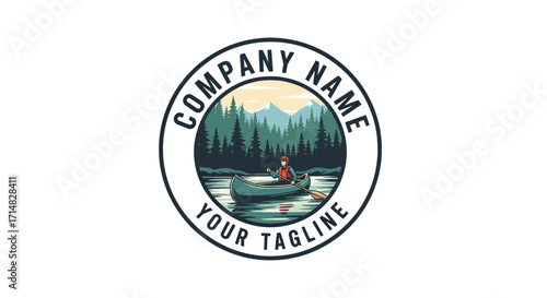Logo of a person canoeing on a lake with forest and mountains.