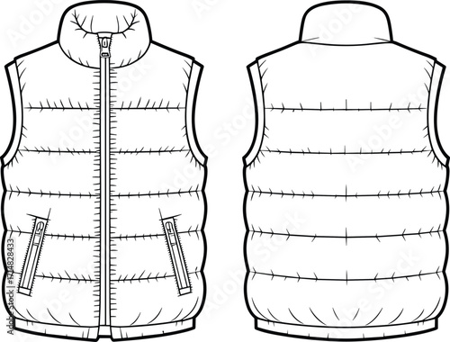 vest, puffer, sleeveless, quilted, outerwear, fashion, clothing, apparel, garment, jacket, collar, zipper, pocket, stylish, warm, front, back, vector, design, illustration
