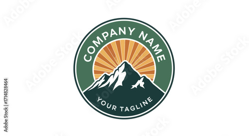 Circular logo design featuring a mountain range with a sunburst background and placeholder text.