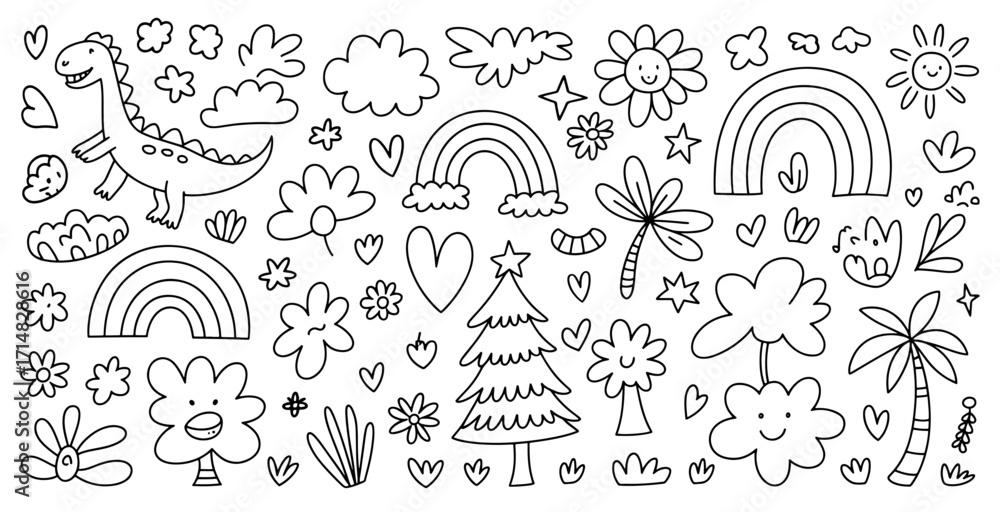 Fototapeta premium Hand-drawn doodle set featuring rainbows dinosaurs trees and flowers perfect for kids projects