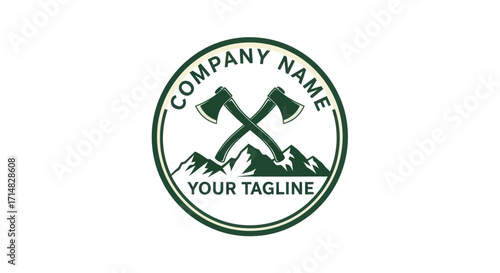 A circular green and white logo featuring two crossed axes above a mountain range, with placeholder text for company name and tagline.