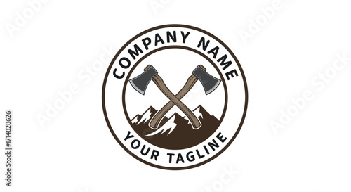 Logo with crossed axes and mountain range in a circle.