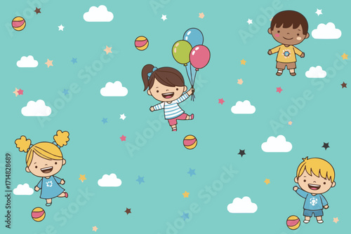 Seamless Pattern of Happy Diverse Kids Playing