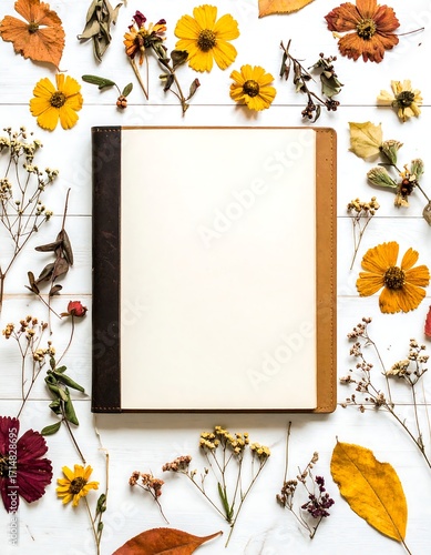 Flat lay of dried flowers and leaves around a notebook