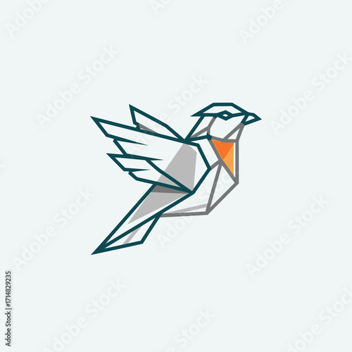 Stylized geometric bird illustration, resembling a robin with an orange chest, flying gracefully.