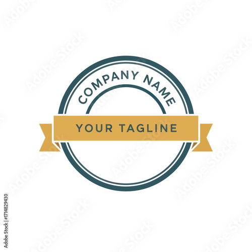 A circular logo with a dark teal border and a golden ribbon across the center with text.