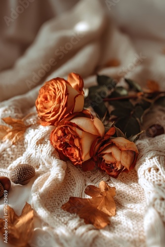 Autumn roses and dried leaves on knitted blanket