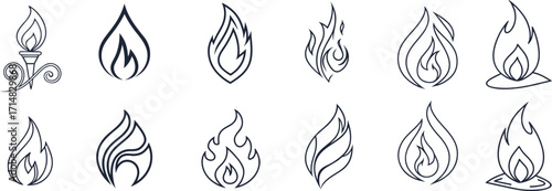 Collection of fire and candle flame line icons in minimal style. Includes campfires, candles, oil lamps, and burning flames. Perfect for digital design, logos, and decorative graphics.